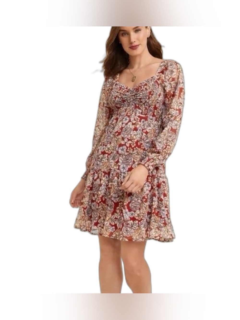 Maurices Rust Floral Arbor Smocked Long-Sleeve Dress Small EUC Fall Farmhouse